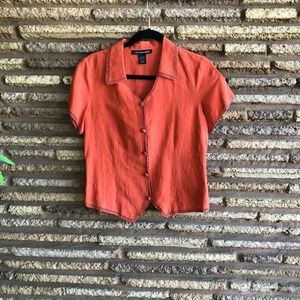 Saint Tropez West Burnt Orange Silk Linen Short Sleeve Blouse